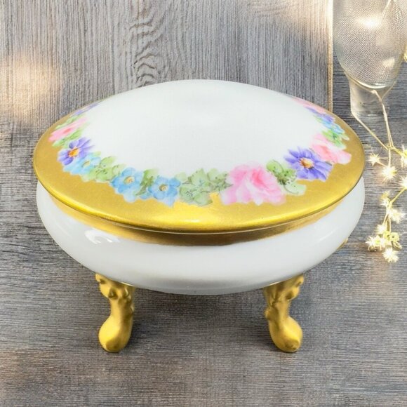 Antique ROYAL BAYREUTH Bavaria Footed Trinket Dish Powder Jar Canister Container - Picture 1 of 13